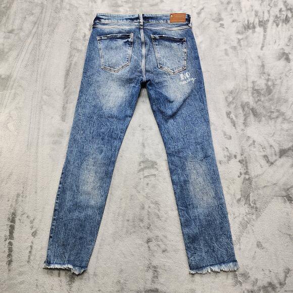 Zara Trafaluc denimwear Jeans Womens 8 Blue Distressed Graffiti Slim Leg Raw Hem - Picture 6 of 16